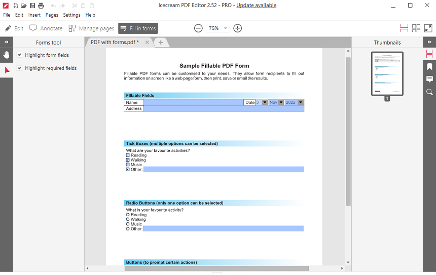 Fill in PDF forms mode of Icecream PDF Editor